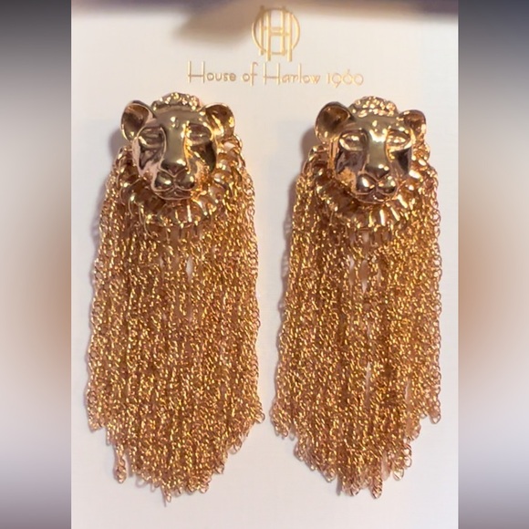 House of Harlow 1960 NWT Bold Statement Gold Tone Lions Head Earrings (J134) - Picture 3 of 9